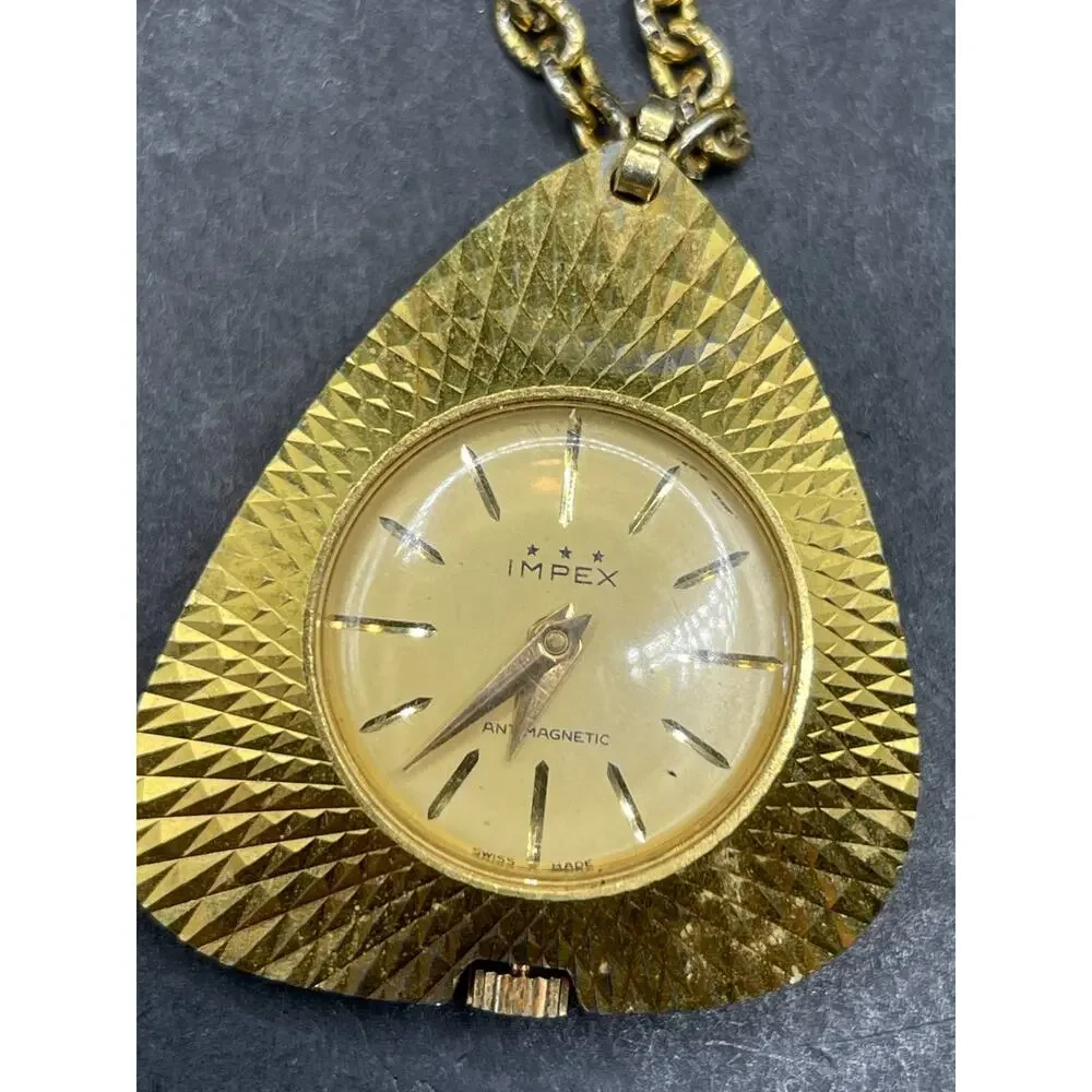 Vtg Impex Mechanical Wind Up Necklace Pendant Watch Gold Tone Swiss Made 30mm